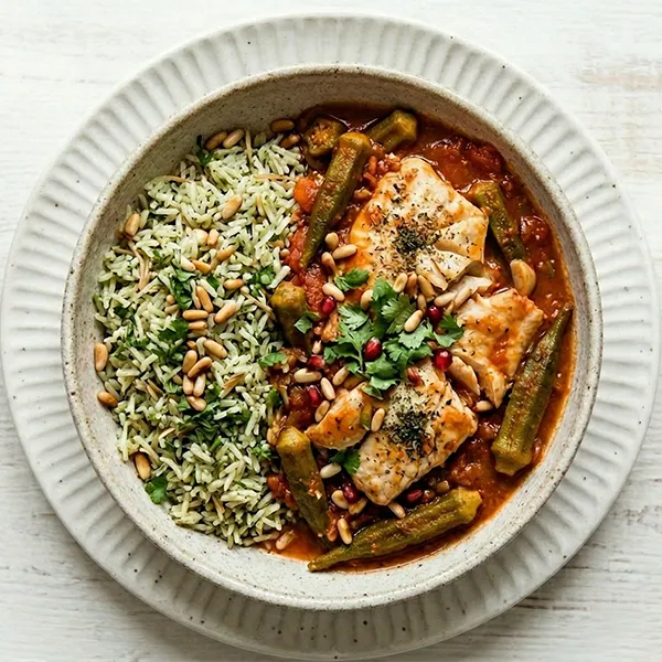 Slow-Cooked Fish Bahmia with Cilantro Egyptian Rice